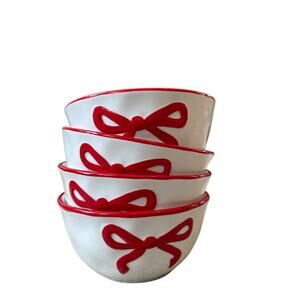 Hand Painted Coquette Red Bow Salad Bowls 6in White Ceramic Set of 4 NEW